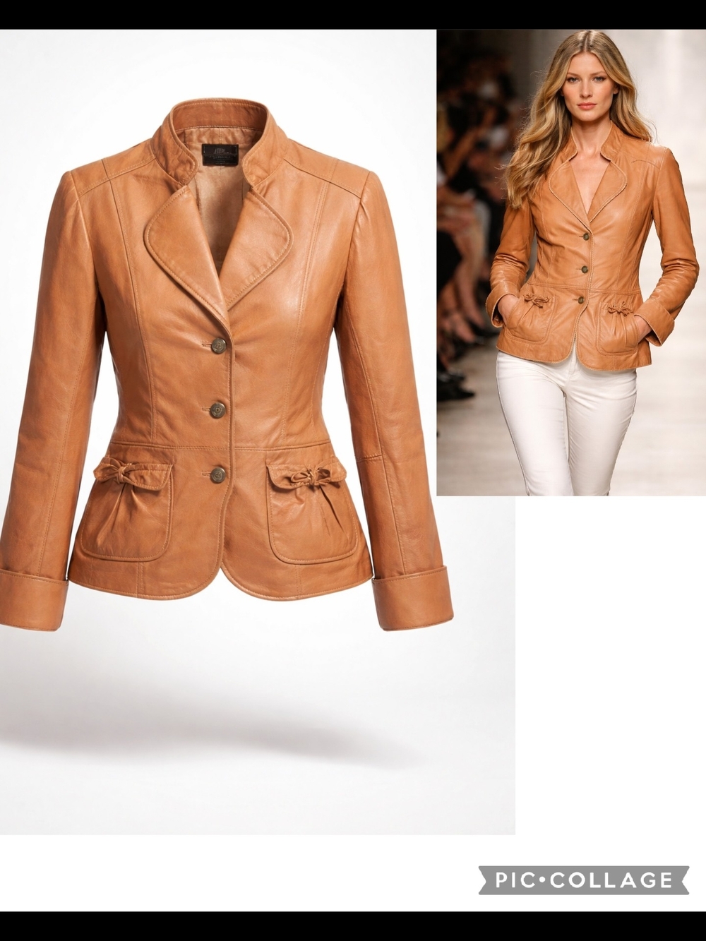 Women's Camel Leather Fitted Button Jacket